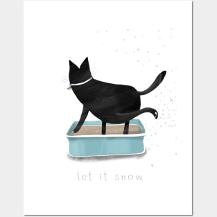 Cartoon black cat with cat litter box and the inscription "let it snow". Posters and Art